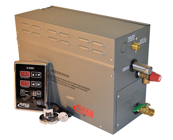 FULL SET: 9KW SHOWER STEAM GENERATOR WITH EXTERNAL SL-SERIES CONTROL PAD, STEAM HEAD, AND MANUAL DRAIN VALVE